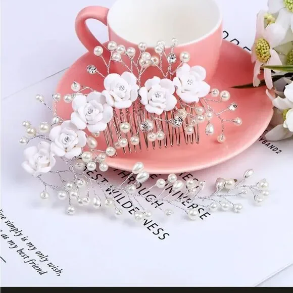 Wedding Bridal Hair Comb Hair Vine Flowers Pearls - Picture 3 of 8